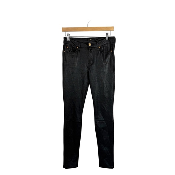 7 For All Mankind Crackled Stretch Faux Leather Seamed Pants Black 27 - Picture 1 of 12